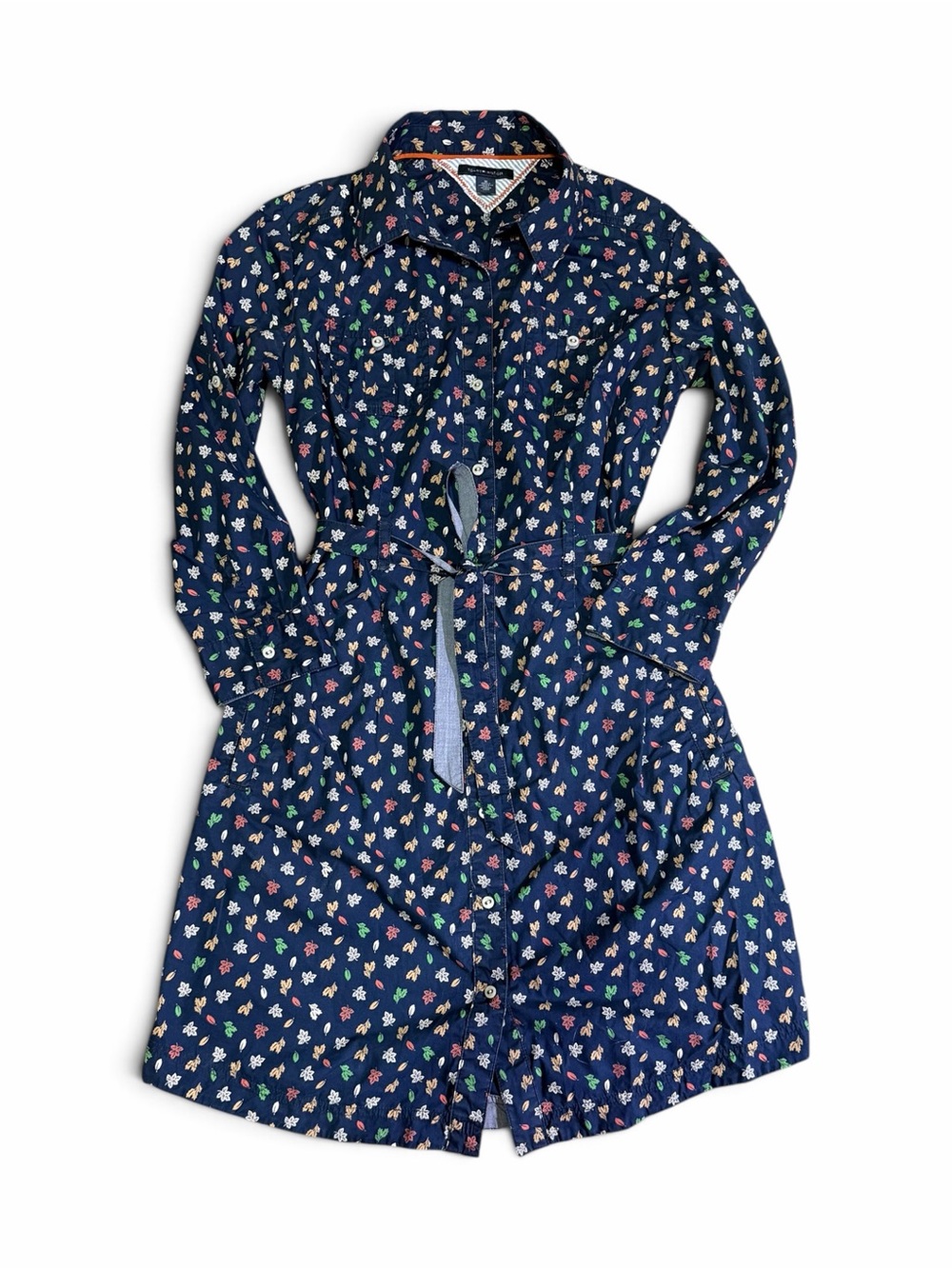 Tommy Hilfiger Navy Floral 3/4 Sleeve Belted Shirt Dress Size Medium